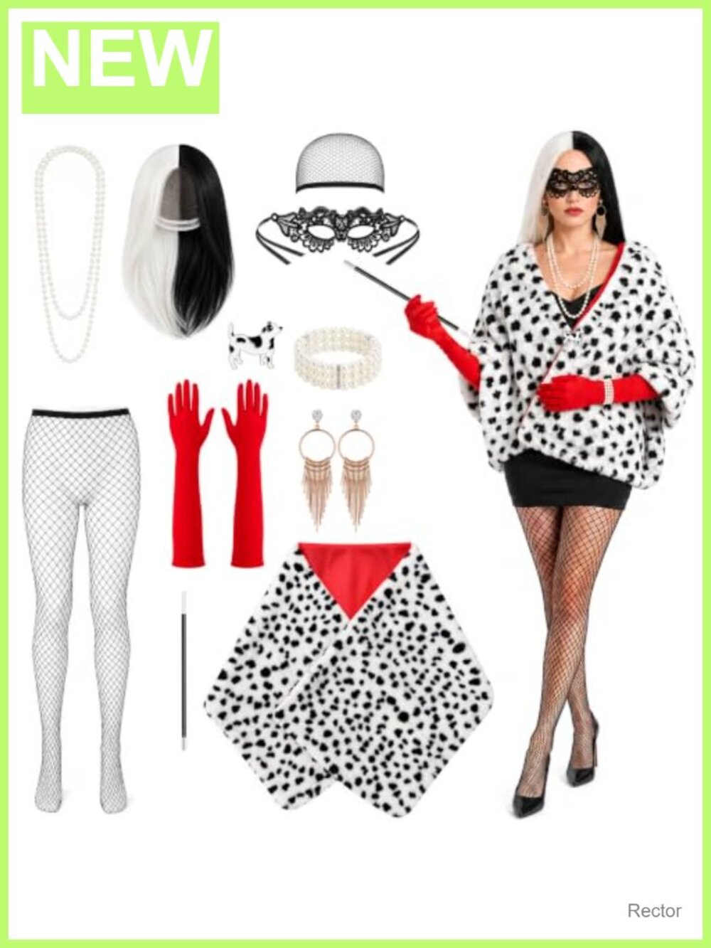 Black White Spotted Villain Costume Shawl Set with Gloves and Jewelry